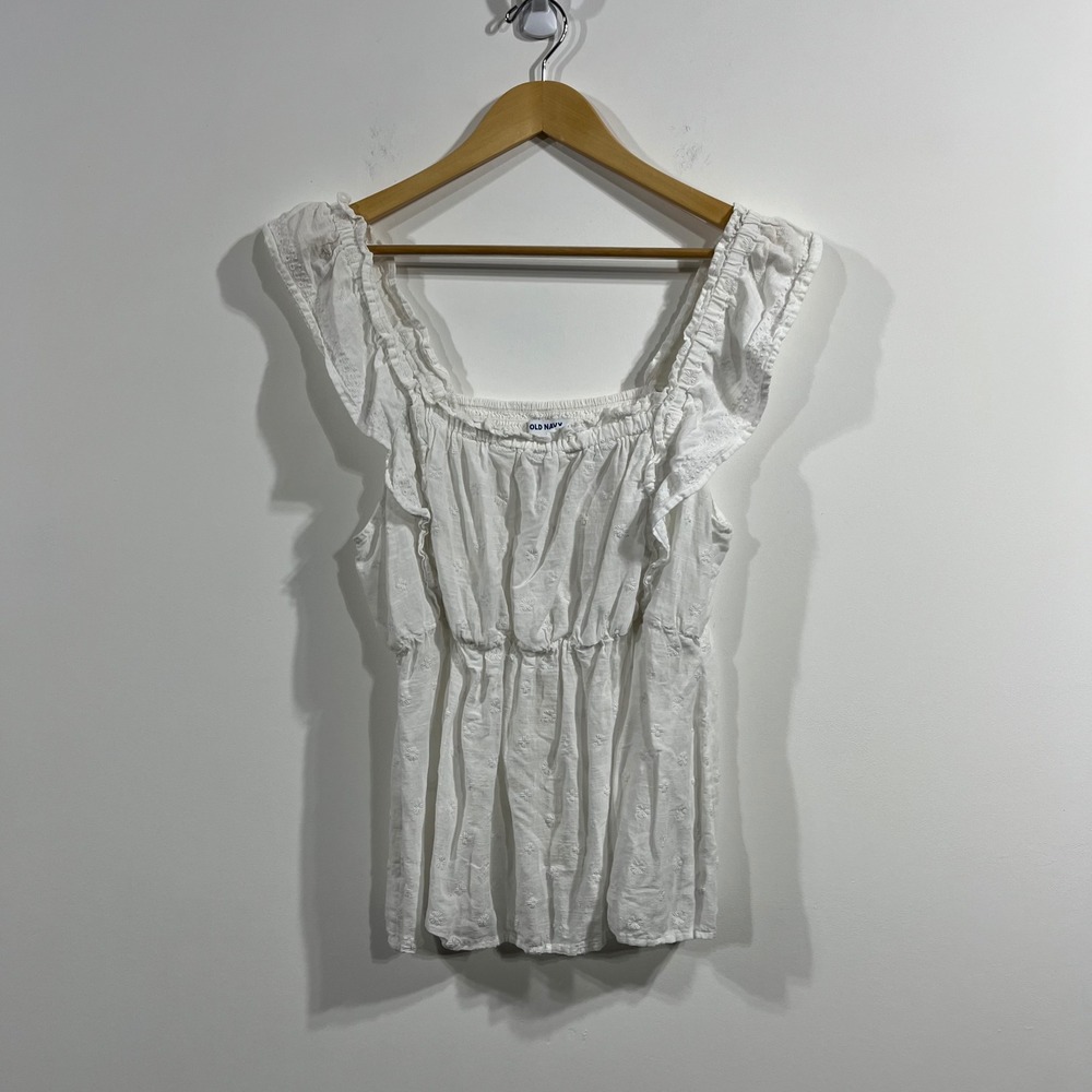 Old Navy Babydoll Milkmaid Eyelet Ruffle Smocked Top Large Embroidered Boho y2k